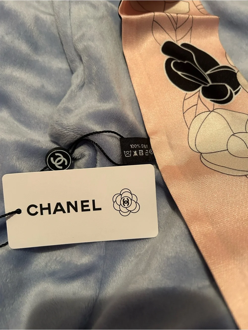 CC Pink and Black Camellia Logo Silk Twilly Scarf